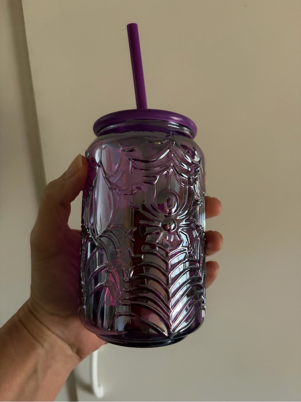 Purple Embossed Glass Tumbler with Purple Lid and Straw